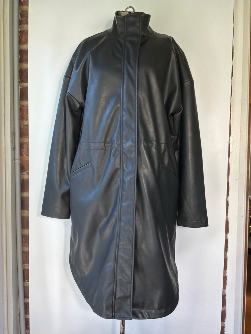 BB DAKOTA FAUX LEATHER LONG COAT W/HIGH FUNNEL NECK/CONCEALED POCKETS SMALL NWT!